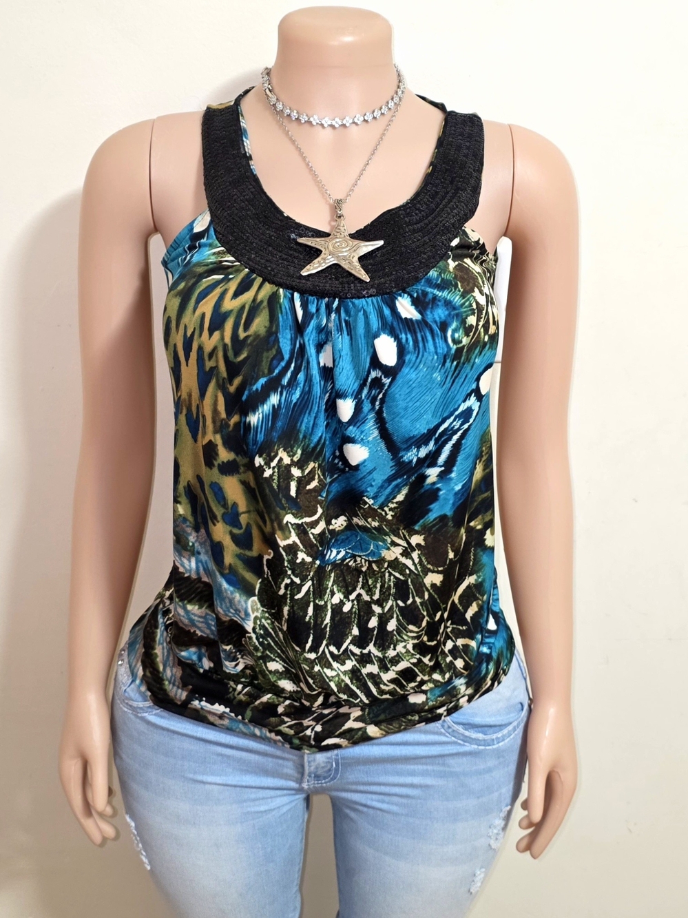 ☆Kiwi Blue Green Black Printed Sleeveless Top☆